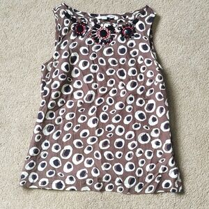 EUC Boden brown print sleeveless blouse with beaded accent at neck